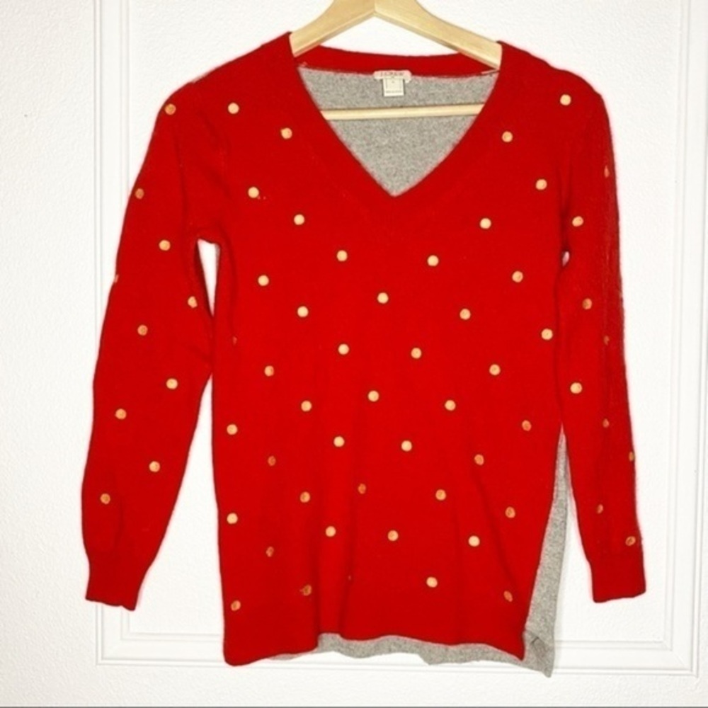J. Crew Merino Wool Blend Red Gold Polka Dots Sweater